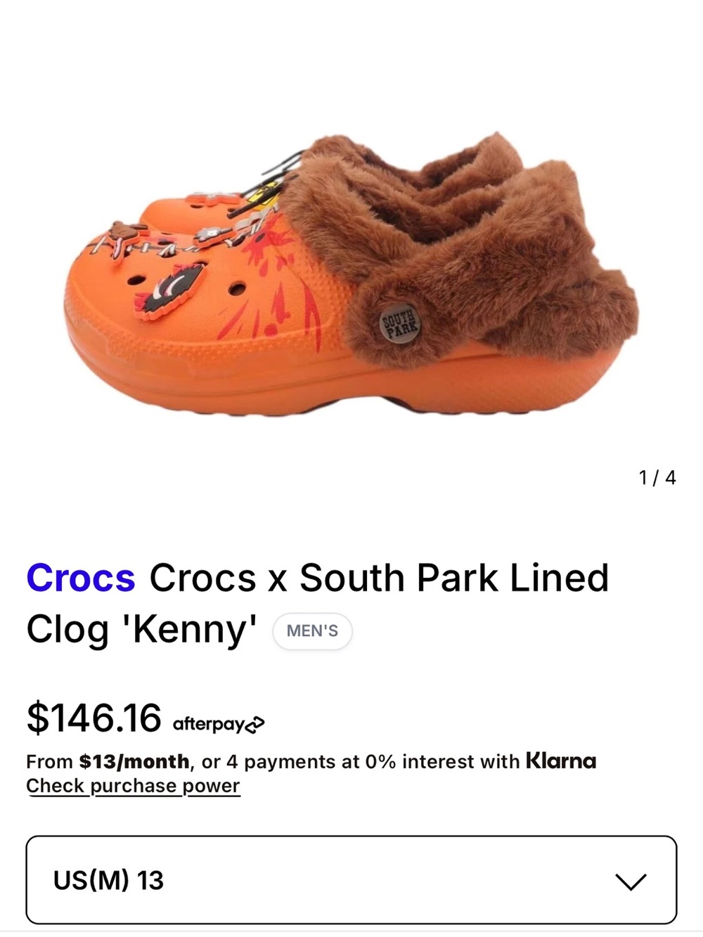 CROCS x South Park Kenny Faux-Fur Lined Orange Clog sz 13 mens new in box